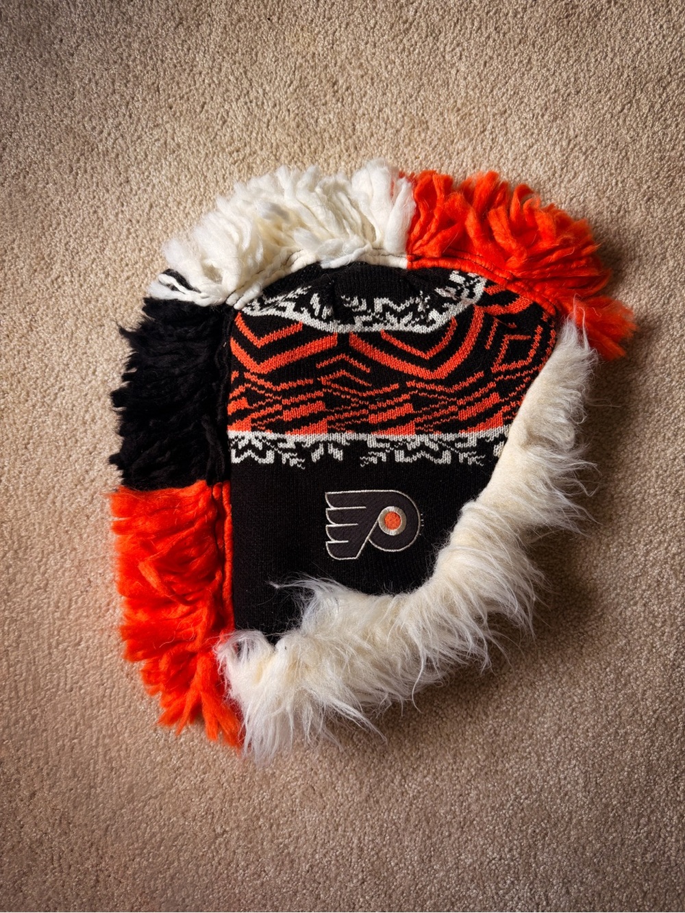 Reebok Flyers Black Orange White Faux-Fur Knit Mohawk Winter Hat